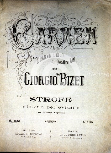 Cover of the score of the opera 'Carmen' by Giorgio Bizet, Italian edition from 1920.