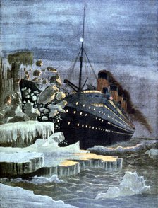 The 'Titanic' colliding with an iceberg, 1912. Artist: Unknown