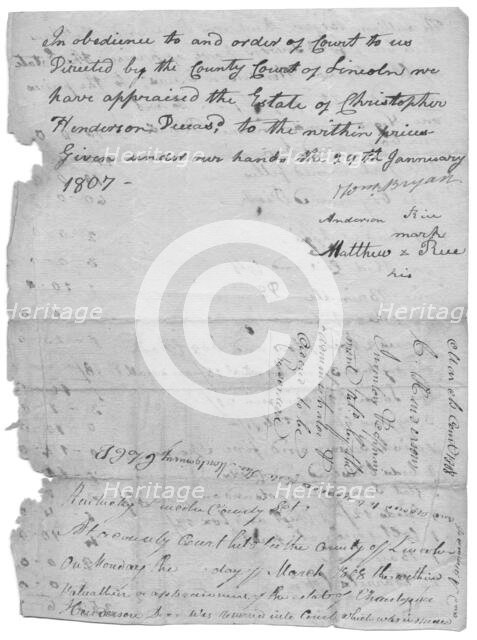 Part of a document listing slaves, animals, etc and values for each, 1807-01-29.  Creator: Unknown.