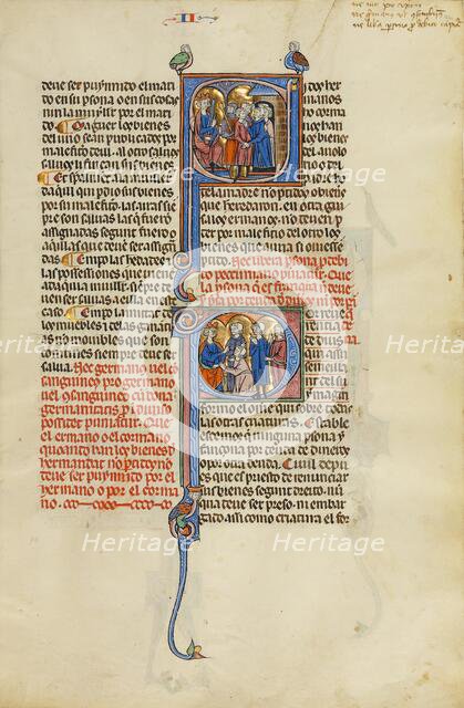 Initial S: A Soldier and a Family before a King: Initial P: Four Men before a King, about 1290-1310. Creator: Unknown.