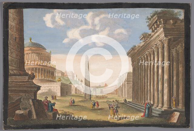 View of the ruins of Trajan's Column, the Arch of Constantine and other monuments..., 1745-1794. Creator: Anon.