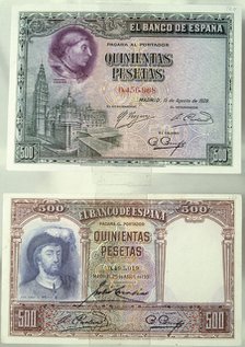 Paper money of 500 pesetas, of legal tender when beginning the Spanish Civil War, issued in 1928 …
