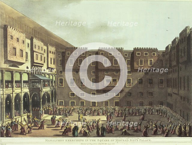 Mamalukes exercising in the Square of Mourad Bey's Palace, Egypt, 1801.  Creator: Thomas Milton.