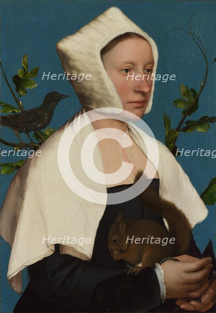 A Lady with a Squirrel and a Starling (Anne Lovell?), c. 1527. Artist: Holbein, Hans, the Younger (1497-1543)