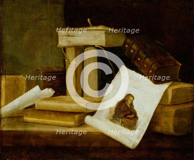 Still Life of Books and a Rembrandt Engraving, between 1631 and 1635. Creator: Sebastian Stosskopf.