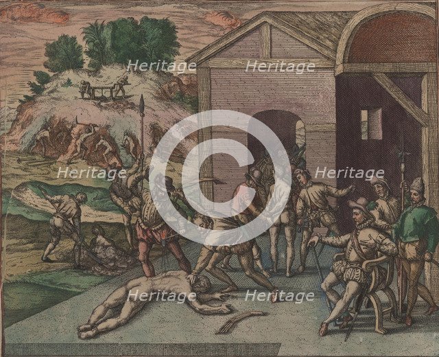 Spanish soldiers observe and carry out the punishment of a slave, 1595. Creator: Bry, Theodor de (1528-1598).