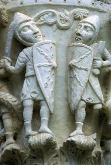 Detail of a column showing Norman Soldiers, 12th century. Artist: Unknown