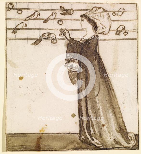 Ladies and Animals Sideboard - Good and Bad Animals - Study of a Lady Feeding Parrots, 1860. Creator: Sir Edward Coley Burne-Jones.