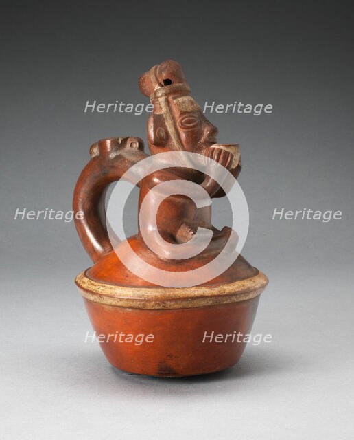 Handle Spout Vessel Depicting Seated Figure Drinking from Cup, A.D. 1200/1450. Creator: Unknown.