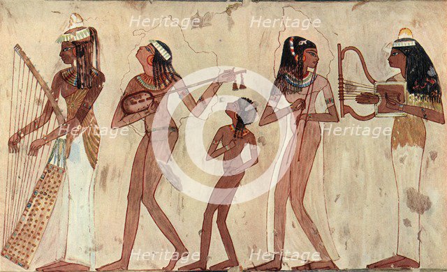 'Egyptian arched harp, lute, double oboe and lyre; tomb painting in Veset (Thebes) c.1420-1411 B.C.' Artist: Unknown.