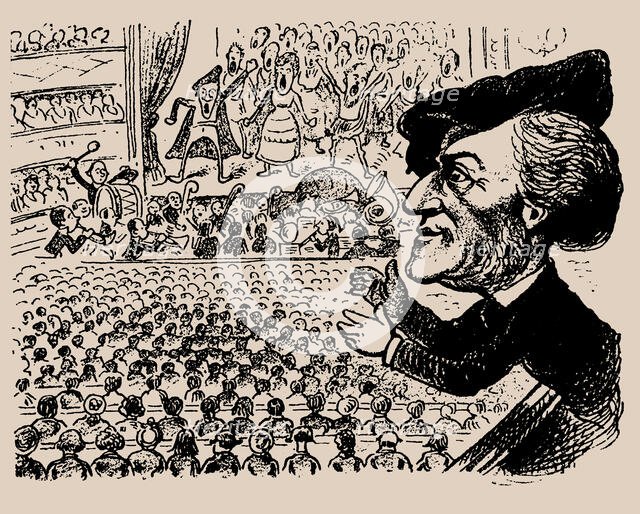 Richard Wagner at the performance of Die Meistersinger. Caricature from "Kikeriki", c1868. Creator: Anonymous.