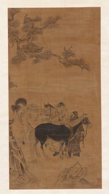 Two men and two horses under a pine tree, Qing dynasty, 18th century. Creator: Unknown.