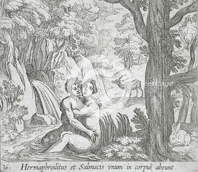 Salmacis and Hermaphroditus, published 1606. Creators: Antonio Tempesta, Wilhelm Janson.