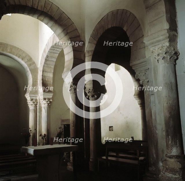Detail of the interior of the church of Santa María de Lebeña, it should be noted the horseshoe a…