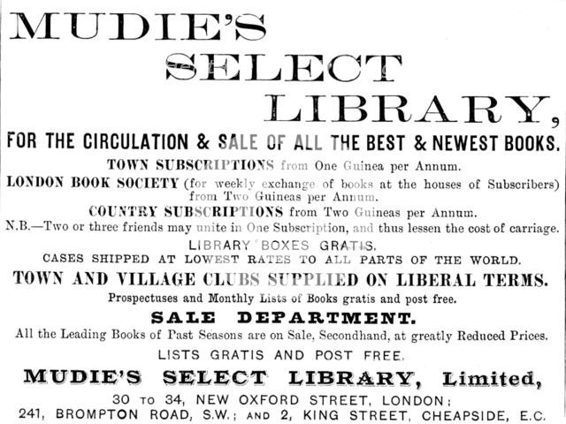 Advertisement for Mudie’s Select Library, 1890. Creator: Unknown.