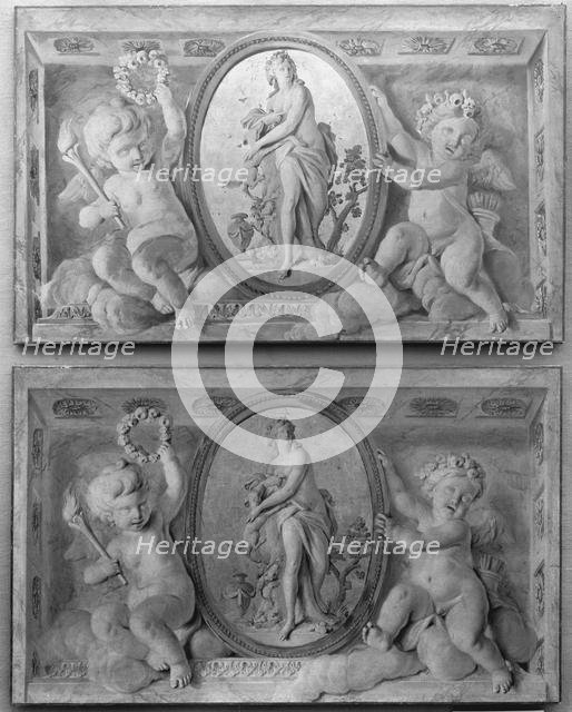 Pair of overdoors with Diana or a Nymph in an oval medallion supported by amorini, 1770-90. Creator: French Painter , 18th century .