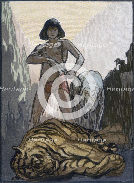 Mowgli kills Shere Khan, the tiger; scene from "The Jungle Book", 1919. Creator: Paul Jouve.