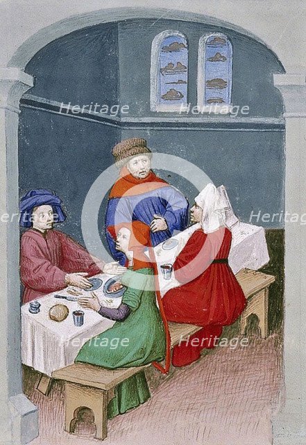 The meal. Miniature from The Decameron by Giovanni Boccaccio, 1432.