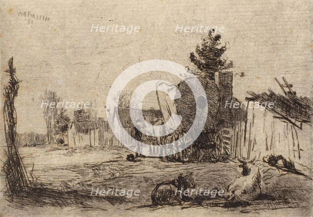 Village Street with Cattle and Covered Wagon, 1880. Creator: William Forsyth.