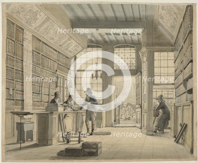 The Shop of the Bookdealer Pieter Meijer Warnars on the Vijgendam in Amsterdam, 1820 or earlier.  Creator: Johannes Jelgerhuis.