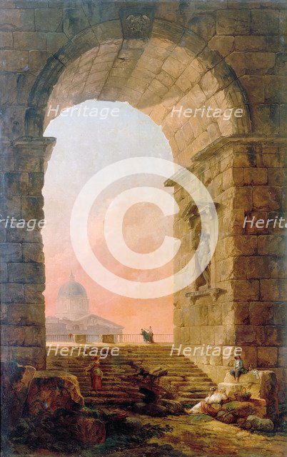 Landscape with an Arch and the St. Peter's Basilica in Rome', 1773. Creator: Robert, Hubert (1733-1808).