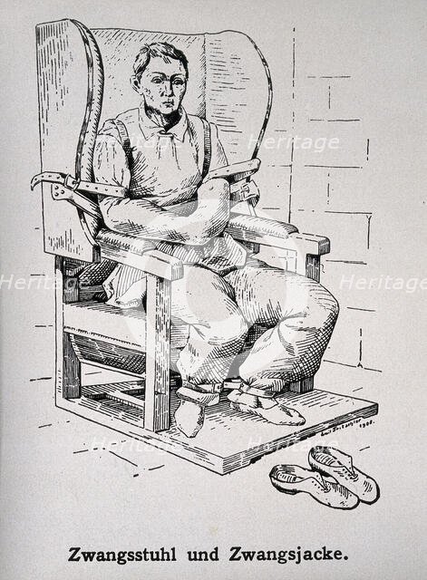 A mental ill patient in a straight jacket and strapped into a chair, 1908. Creator: Unknown.