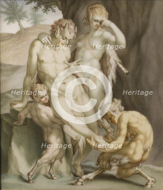 A satyr, a mean, and two fauns, busy pulling out a needle, 1713. Creator: Carl Gustav Klingstedt.