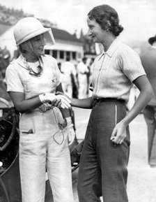 Kaye Petre (left) with Elsie Wisdom at Brooklands. Creator: Unknown.