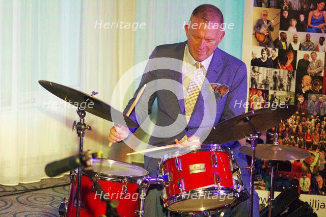 Joe Farnsworth, Joe Farnsworth-Sara Hanahan Quartet, Watermill Jazz Club, Dorking, Surrey, 2024. Creator: Brian O'Connor.