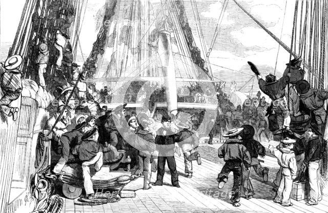 The Queen's Visit to Cherbourg - Piping Hands to Man Yards, 1858. Creator: Unknown.