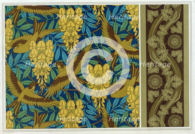 Designs for Birds and Wisteria Hanging and wallpaper border with Lizards and Ivy,  pub. 1897. Creator: Maurice Pillard Verneuil (1869?1942).