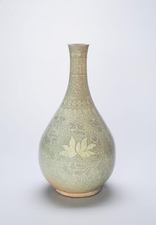 Bottle-Shaped Vase with Lotus Flowers and Stylized Scrolls, Korea, Goryeo dynasty, 14th century. Creator: Unknown.
