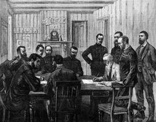 The Transvaal War: signing the terms of peace with the Boers at O'Neil's Farm...March 21, 1881. Creator: Frank Dadd.