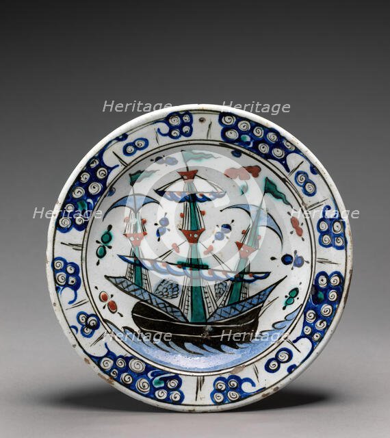 Dish with Sailing-Ship Design, Turkey, 17th century. Creator: Unknown.