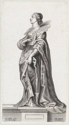 A woman standing on a pedestal, wearing a fur-trimmed coat and ruff, ca. 1640-70., ca. 1640-70. Creator: Peeter Clouwet.