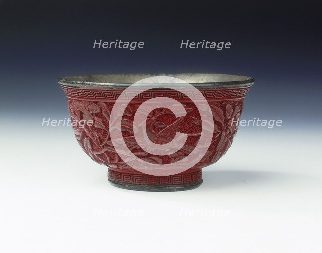Carved lacquer bowl with birds among peonies, Late Ming dynasty, China, 1st half of 17th century. Artist: Unknown