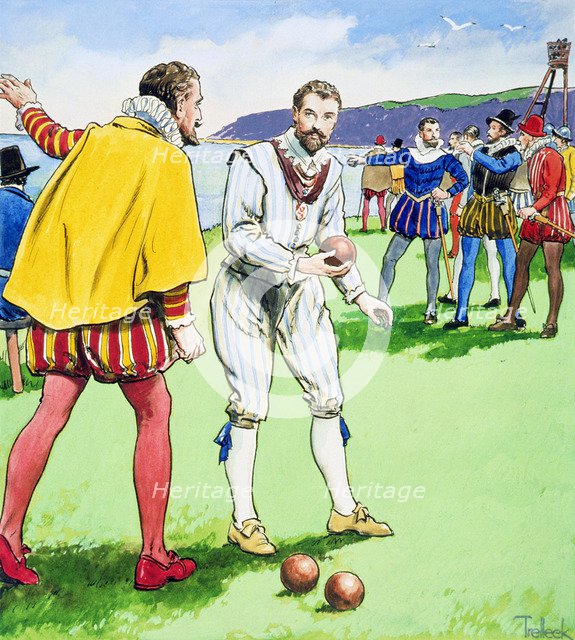 Sir Francis Drake playing bowls on Plymouth Hoe, 1588 (c1900). Artist: Trelleek