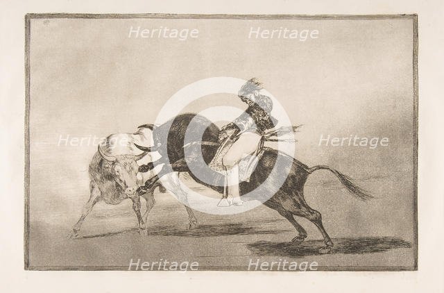 Plate 24 of the 'Tauromaquia': The same Ceballos mounted on another bull breaks short spea..., 1816. Creator: Francisco Goya.