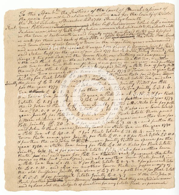 Petition signed by John Cuffe and Paul Cuffe regarding taxation, December 19, 1780. Creator: Unknown.
