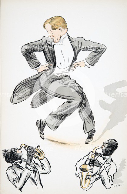 Gentleman in tails and white tie dances to two musicians playing saxophone, from 'White Bottoms' pub