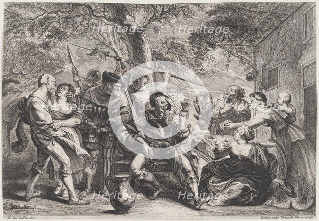 Don Quixote and troops of La Santa Hermandad outside a tavern, ca. 1635-79. Creator: Frans van den Wyngaerde.