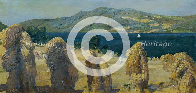 Attersee landscape with haystacks, 1904. Creator: Anton Josef von Kenner.