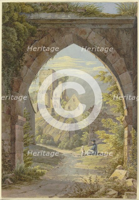Gothic arch with a view of a castle, 19th century. Creator: Georg von Krieg.