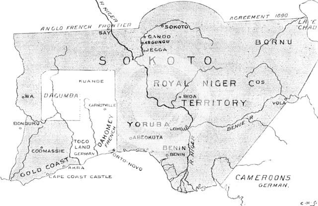 The French in West Africa: map with shaded portion denoting the sphere of British influence, 1898. Creator: Carl Hentschel.
