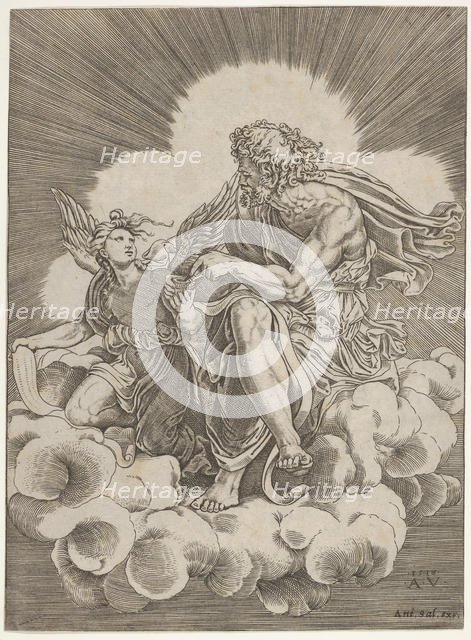 St. Matthew, seated on a cloud and dipping a quill into an inkwell held by an angel..., ca. 1518-20. Creator: Agostino Veneziano.