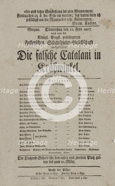 Theater playbill for "Die falsche Catalani in Krähwinkel," presented by the Königlich..., c1827. Creator: Adolf Bauerle.