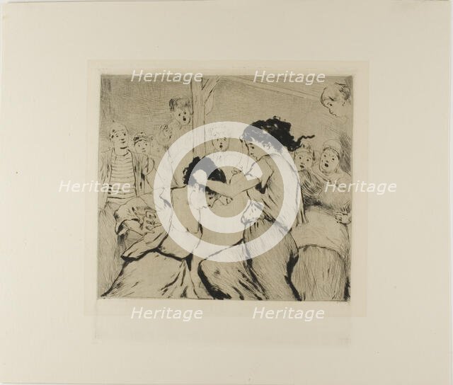 Plate from l'Assommoir (two women fighting, with onlookers), 1878. Creator: Gaston la Touche.