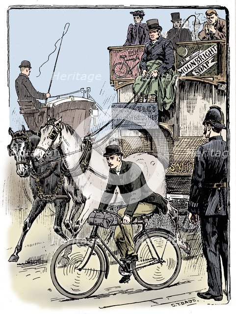Cyclist in busy London traffic riding a machine of the Rover safety type, 1895. Artist: Stephen T Dadd.