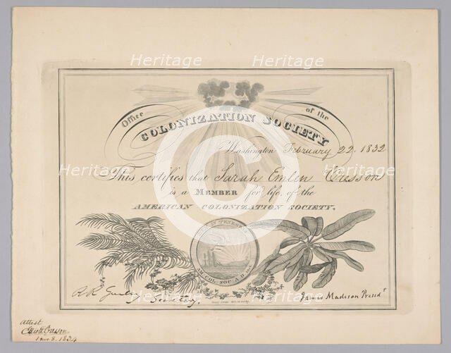 Membership certificate to the American Colonization Society, February 22, 1832. Creator: Unknown.