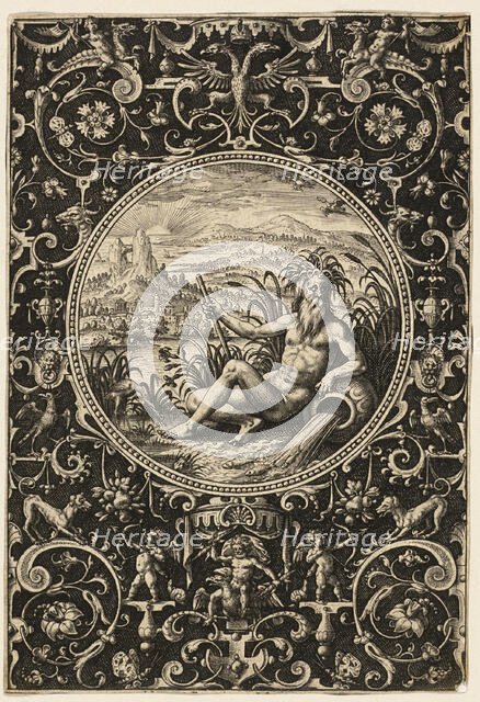 Neptune as a River God, plate two from The Judgment of Paris, 1575/1618. Creator: Adriaen Collaert.